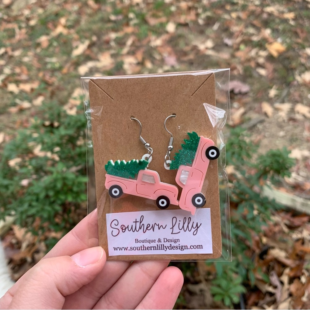 Pink Truck Dangle Christmas Earrings